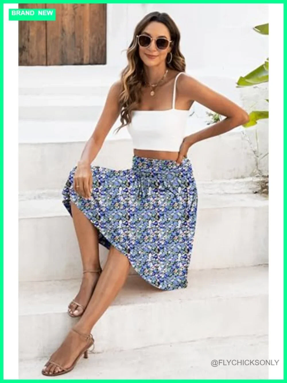 Flowy A-Line Midi Skirt with Pockets Elastic High Waisted Pleated